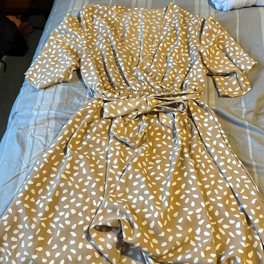 Beige faux wrap dress with waist tie
